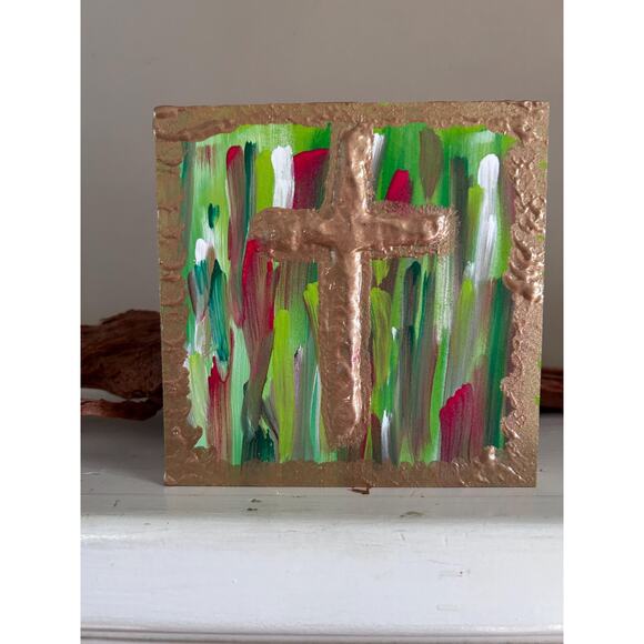 Gold Cross Wood Hand Painted Wall Art 5x5 Block Raised Cross Christmas Style - Picture 1 of 9